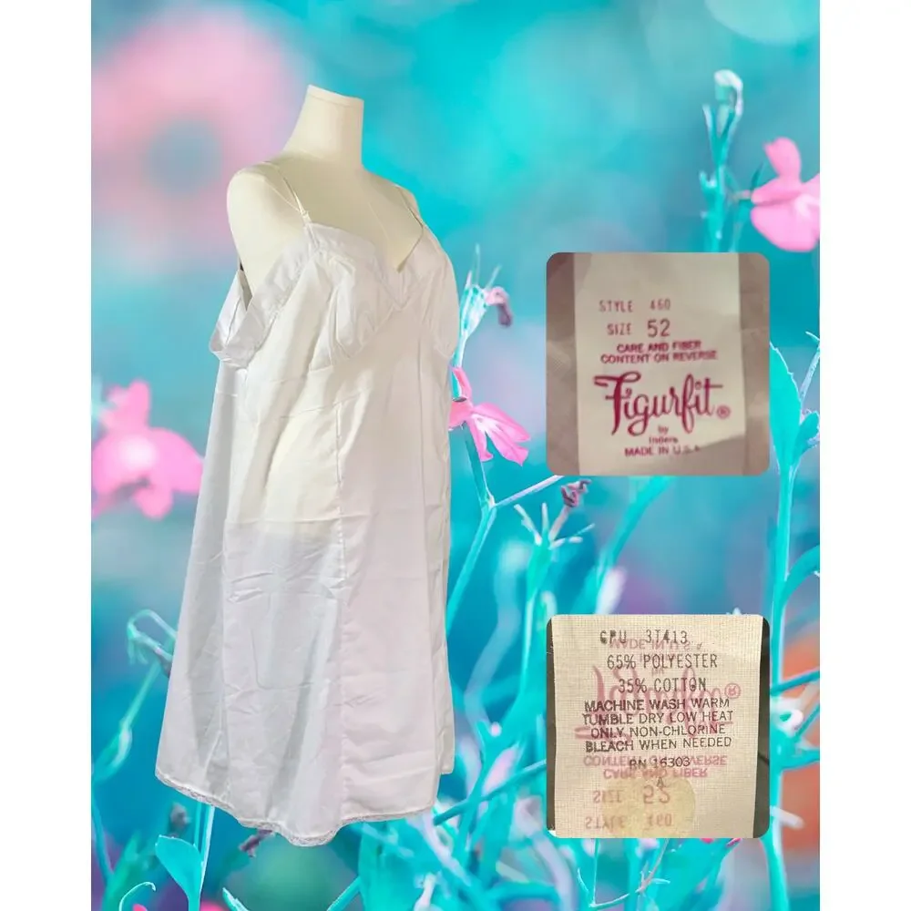 Volup Vintage 70s Figurefit White Lace Light Poly Cotton Full Slip Size 52/3X
